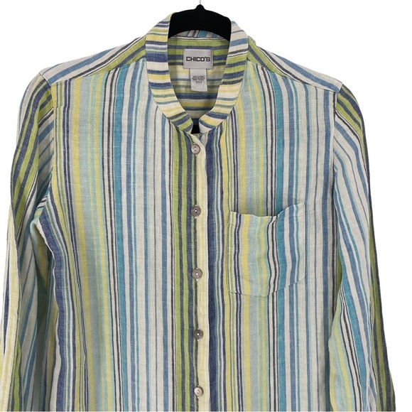 Chico's 100% Linen Mandarin Collar Blue/Green/Yellow Stripe Tunic - Sz XS/4 - Picture 6 of 16